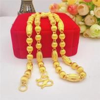 New Men's Triple-Bead Gold Necklace! 24K Gold AU999, Flower-Patterned Cylinder Connecting Triple-Beads, Streamline Tough Unique red