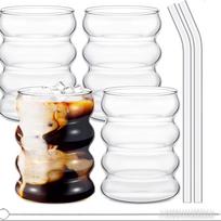 4 vnt. 400 ml / 13,5 oz kūrybiški stikliniai puodeliai su šiaudeliais, vintažiniai vyno taurės, briaunoti stiklo dirbiniai, pramogų stalo indai 401-500ml