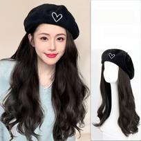 Customized Coolhair Small Synthetic Cap Wig Beret Hat Long Wavy Heat Resistant Natural Hairline Dark Brown 100% Density Machine (Black,60cm) juoda