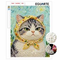 DIY Frameless Pearl Art Painting Kit Elegant Cat in Yellow Scarf 3D Bead Canvas Handmade Craft for Adults Wall Decoration Gift 30x40cm