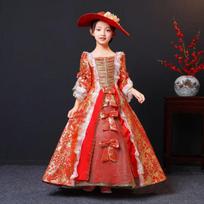 Mergaičių vaikų viduramžių rūmų princesės vakarėlio Cosplay kostiumas Renesanso raukinė puošni suknelė Vintažinis suknelės ir kepurės rinkinys 120 raudona