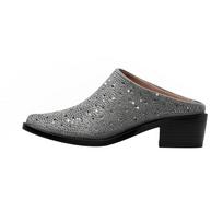 2024 New Mules Baotou Pointed Thick Heel Medium Heel Rhinestone Large Women's Slippers Half Slippers Women Shoes for Women 34 pilka spalva
