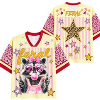 Feral Raccoon Bow Sunglasses Bubble Gum Leopard Star Print V Neck Jersey Pink Strip Color Block Y2K Casual Streetwear Sports Top S