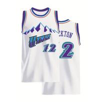 Utah Jazz Stockton 12 Krepšinio marškinėliai Balti su violetiniais ir turkio spalvos akcentais Kalno logotipas Retro Krepšinio gerbėjo marškinėliai S