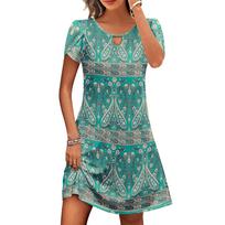 Women's Summer Dresses Short Sleeve Printed V-neck Women Dress L žalsvai mėlyna