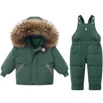 Real Fur Collar Baby Down Jacket Boy Suit Baby Toddler Two-piece Suit 1-3 Years Old Stylish Thickened Coat 80cm tamsiai žalia spalva