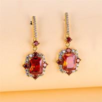 Luxury Female Purple Red Square Zircon Stone Drop Dangle Earrings Unique Gold Color Evening  For Women raudona