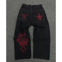 Y2K Džinsai Vyriški Hip Hop Retro kaukolės Siuvinėjimai Išplauti Baggy Džinsinės Kelnės Naujos Tiesios Kasdienės Laisvos Plačios Kelnės Gatvės apranga S raudona