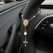 1 vnt. Vairo rožančius, automobilio pakabukas, katalikiško kryžiaus kabantis papuošalas, religinga dovanėlė vairuotojui ant galinio vaizdo veidrodėlio gray