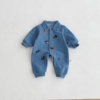 Baby one-piece suit, denim autumn wear, embroidered outdoor crawling clothes for boys and girls, Hayi, first birthday clothes 73 mėlyna