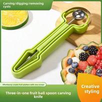 3-In-1 Fruit Carving Tool Knife Set, Professional Stainless Steel Melon Ball Spoon Set, Double-Sided Melon Ball Spoon žalia