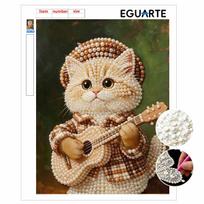 Pearl Painting DIY Kit Cute Cat Playing Guitar Frameless Sparkling Bead Art Canvas Creative Home Decor Craft for Beginners 30x40cm