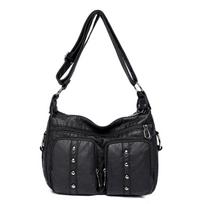 Annmouler Vintage Krepšys Moteriška Minkšta Odinė Pečių Krepšys Pu Odinis Crossbody Krepšys Daugiakišenė Messenger Krepšys Kniedės Piniginės juoda