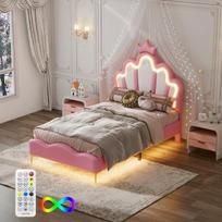 90x190 cm vaikiška lova mergaitėms su grotelių pagrindu, princesės lova su LED apšvietimu ir reguliuojamu galvūgaliu, viengulė lova vaikams ir paaugliams, rožinė PU oda