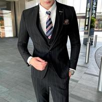 Pavasarinis vyriškas madingas laisvalaikio trijų dalių kostiumas, slim fit 4XL juoda
