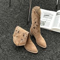 Popular mid-tube hollow boots women's summer knight boots 2025 boots suitable for summer wear cowboy boots cool boots 35 chaki