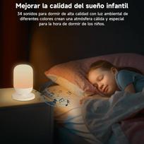 LED naktinė lemputė su baltojo triukšmo funkcija miegui palengvinti, laikmačiu ir nuotolinio valdymo pulteliu — gamtos garsų projektorius, vaikų kambario šviestuvas, balto triukšmo generatorius, išmanus miegamojo apšvietimas
