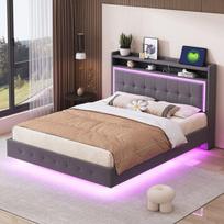 Minkšta lova 140x200 cm su USB lizdu ir LED lino audinys pilka be čiužinio 1 vnt