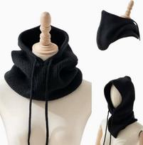 Acrylic Plain Solid Color Crochet Hooded Scarf Mask Balaclava Hat Winter Knitted Balaclava One Size juoda