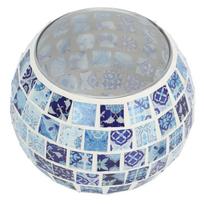 Tealight Candle Holder Blue and White Glass Mosaic Floral Patterns Warm Romantic Handcrafted Texture Votive Candle