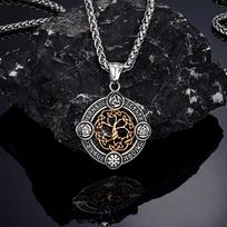 Never Fade Norse Rune Life Tree Necklace Men Gold Stainless Steel Pendant Valknut Trinity Male Lucky Amulet Viking Jewelry 60CM