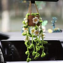 Charming Handmade Crochet Potted Plant Car Mirror Hanging Decor - Soft, Adjustable Rope for Safe Driving, Perfect Gift Idea White Flowers