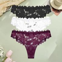 FINETOO 3Pcs Lace Floral Thongs Hollow Out Solid Underwear Women's Sexy Low Waist Comfortable G-String Hot Girls Erotic Lingerie S&3pcs