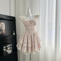 Sweet Spice Girl Blue Flying Sleeve Dress Sweet Premium Princess Cake Dress Women's Summer Waist Fluffy Short Dress S- (can be worn within 45kg) rožinė
