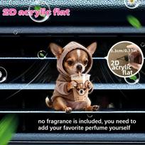 2D flat chihuahua drinking milk tea car vent clip decorative diffuser (fragrance not included), air outlet clip decorative car interior accessories 6CM