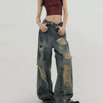 Women's High Waist Wide Leg Jeans Vintage Distressed Ripped Baggy Straight Leg American Plus Size Summer Denim Trousers XS mėlyna