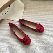 Small inner height increase square head red flat single shoes women's spring and autumn new bow ballet style retro Doudou shoes 35 raudona