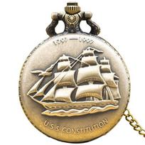 Vintage Bronze Sailboat Design Quartz Pocket Watch with Sweater Necklace Chain for Women