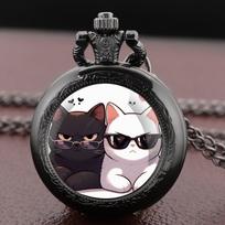 Cool Black White Cats Quartz Pocket Watch Vintage Women Pendant Clock Men Watch Gifts for Children Cat Lover Relojes De Bolsillo