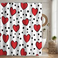 Red Heart-Patterned Polka Dot Shower Curtain, Polyester Fabric, Machine Washable, With Hooks, Suitable For Bathroom Dcor. W60H190(CM)-1 Pcs
