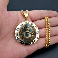 Ancient Egyptian Talisman: Eye Pattern Glass & Hieroglyphic Zinc Alloy Pendant, Artifact- Statement Necklace.