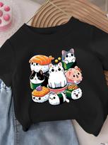 Adorable Cat Sushi Cartoon Print Kid T-Shirt Soft Round Neck with Fun Food Design for Summer Casual Children Wear Clothing 100cm juoda