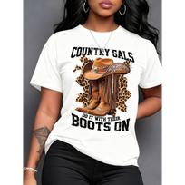 Moteriški marškinėliai Country muzikos festivalio Batai Arklių spaudinys Laisvo kirpimo Trumpos rankovės Apvali apykaklė Atsitiktinis viršus Pavasario vasaros Country tematikos vakarėliams S balta