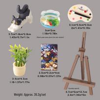 Mini Dollhouse Simulation Fish Tank Ornament with Easel, Cat, and Green Plant Decor Accessories