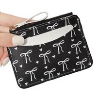Women Card Holder Faux Leather Wallet with Multiple Card Slots Zippered Pokect Heart Bowknot Pattern Card Wallet for Girls