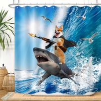 Corgi Shark Ride Shower Curtain Funny Animal Print Ocean Scene Dog With Rifle Wildlife Art Waterproof Bathroom Decor Homefashion W60H190(CM)-1 Pcs