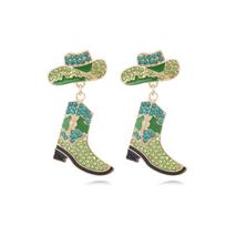 Cowboy Cute Alloy Epoxy Western Hat Boots Earrings Fashion Color Gem Setting Party Earrings 5.2*2.5cm žalia