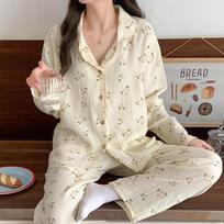 Korean Spring Autumn Ladies Pajamas Set Flora Printed Crepe Cotton Gauze Turn-down Collar Long-sleeve Trousers Household Wear M