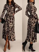 2026 Autumn/Winter Leopard Print Tie-up Midi Dress: Women's Slim Fit, Long Sleeve Fashionable Style L gėlės