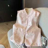 Womens Spring Fall Pink Jacquard Frog Closure Mandarin Collar Vest S rožinė