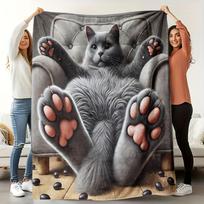 Skandinaviškas pilkas katės flanelinis pledas, Britų trumpaplaukio dizainas sofai-lovai, Jaukus augintinių mylėtojų dovanų rinkinys visiems, Skalbiamas mašinoje 130x150cm51x59in