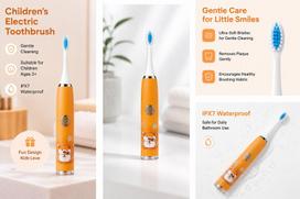 iLike Kids Rechargeable Sonic Electric Toothbrush, USB Charging, 3 Brush Heads (1+2 Replacement Heads), Soft Bristles, Waterproof, Cute Hamster Design Orange