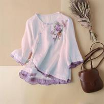 Ethnic Style Plate Buckle Embroidered Five-point Sleeve  Shirt Oblique Placket Ladies Shirt XXXXL balta