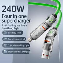 240W 4-in-1 Super Fast Charging Data Cable USB-C To Type-C Zinc Alloy Cable For Iphone Samsung Huawei Xiaomi Multi Port Multiple 1.5m žalia