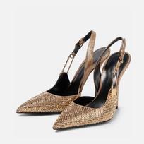 Madingi moteriški batai Prabangūs kalnų krištolai Sagi su blizgučiais Aukštakulniai Elegantiški smailūs slingback'ai Stiletai moterims Madingi batai 35 auksas