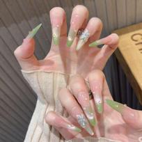 Guava Cat Eye Green & Nude Press-on Nails: Pure Handmade, Reusable, Removable Manicure Extra Small